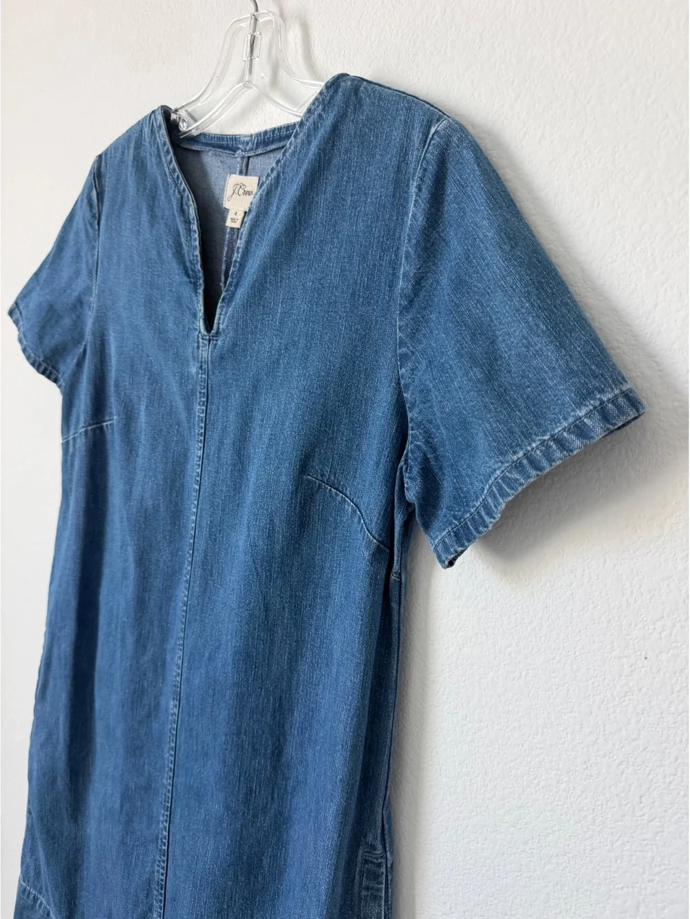 J. Crew Short Sleeve V-Neck Side Pocket Blue Denim Shift Dress Women's Size 4